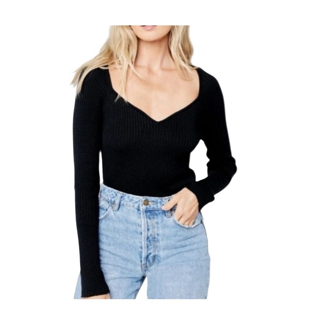 L*Space Camryn Ribbed Fitted Long Sleeve Black Sweater NWT Size M